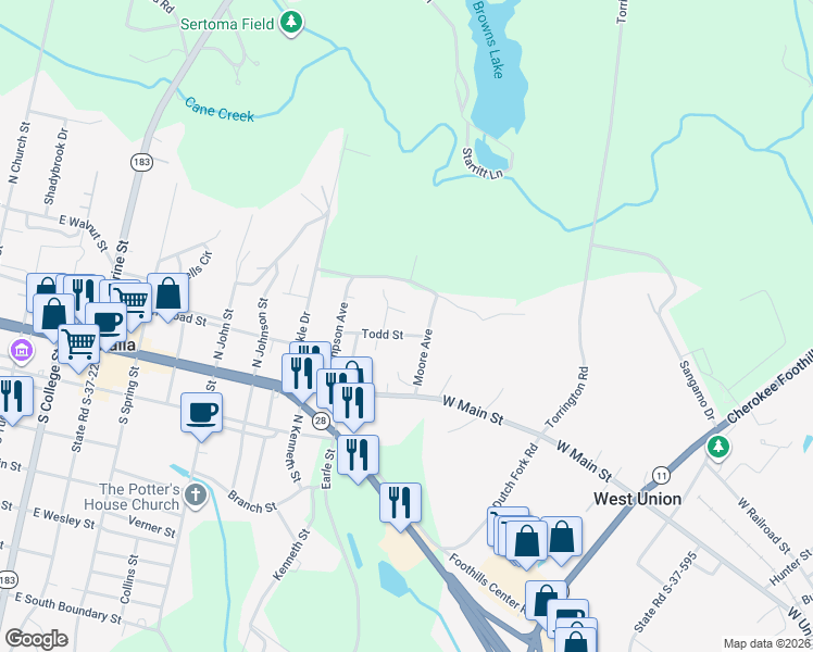 map of restaurants, bars, coffee shops, grocery stores, and more near 227 Todd Street in Walhalla