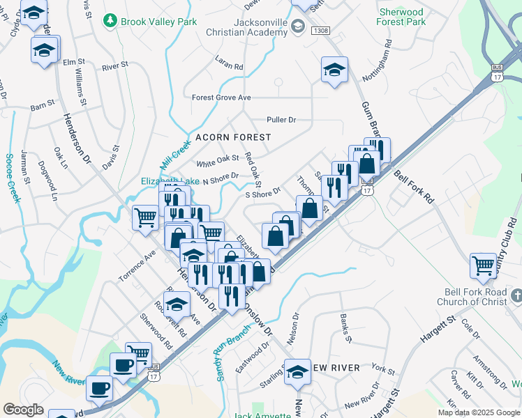 map of restaurants, bars, coffee shops, grocery stores, and more near 216 Zack Circle in Jacksonville