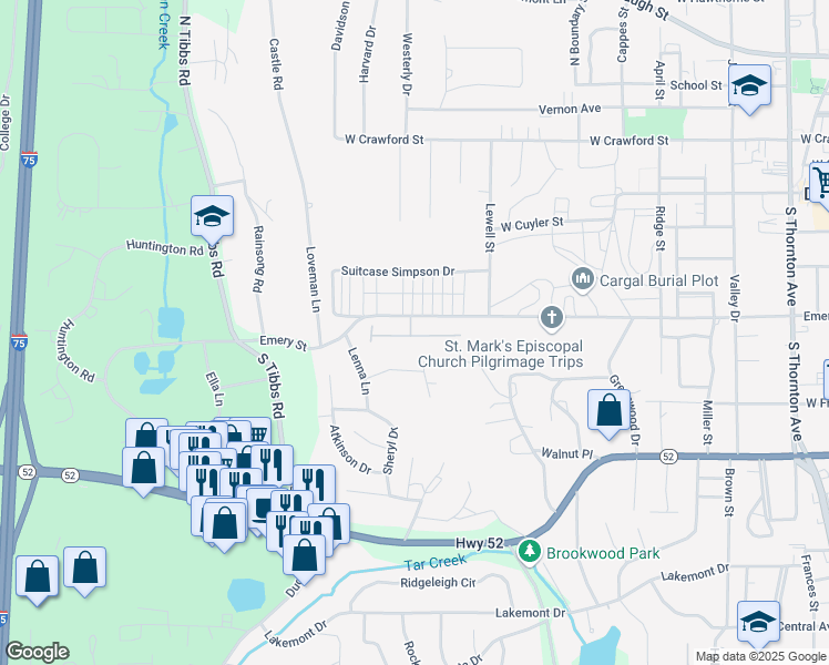 map of restaurants, bars, coffee shops, grocery stores, and more near 1306 Georgian Place in Dalton