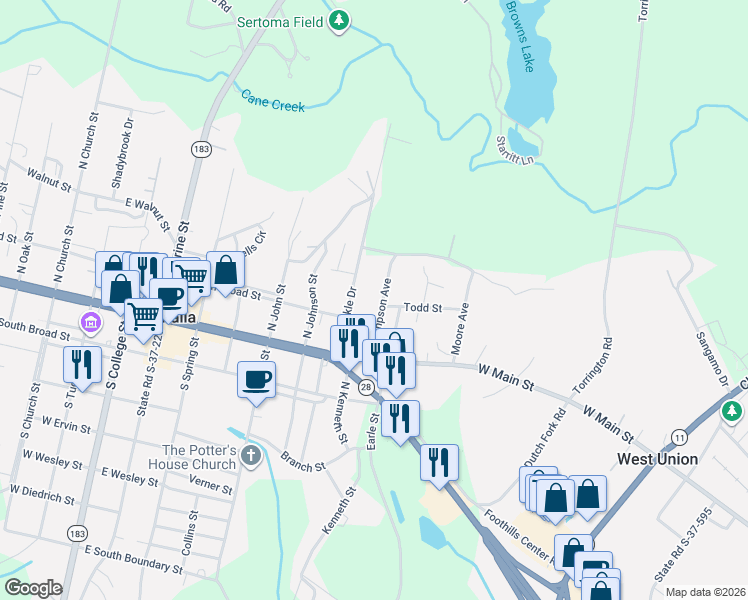 map of restaurants, bars, coffee shops, grocery stores, and more near 203 Thompson Avenue in Walhalla