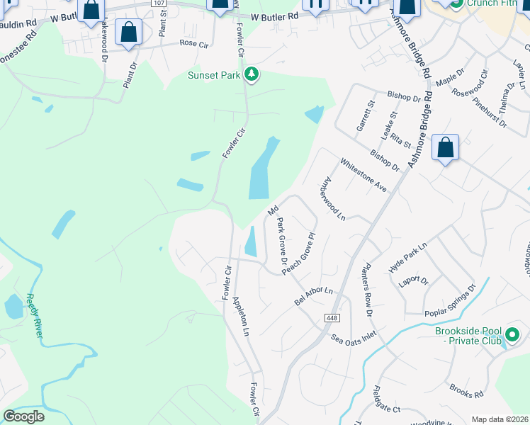 map of restaurants, bars, coffee shops, grocery stores, and more near 502 Peach Grove Place in Mauldin