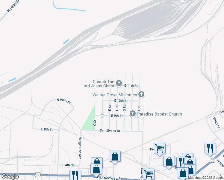 map of restaurants, bars, coffee shops, grocery stores, and more near 1018 E Street in North Little Rock