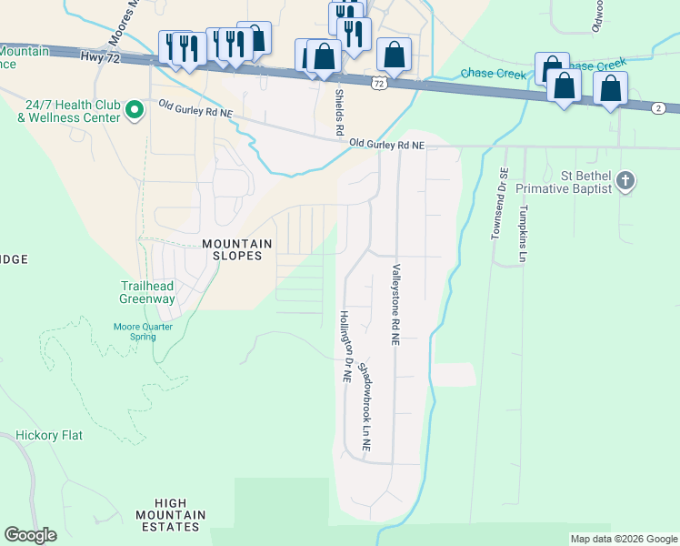 map of restaurants, bars, coffee shops, grocery stores, and more near 130 Hollington Drive Northeast in Huntsville