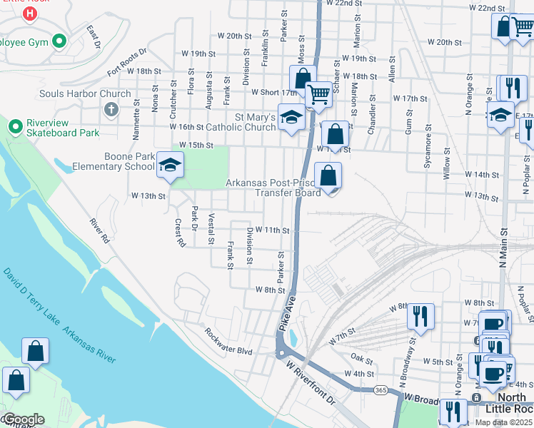 map of restaurants, bars, coffee shops, grocery stores, and more near 1120 Franklin Street in North Little Rock