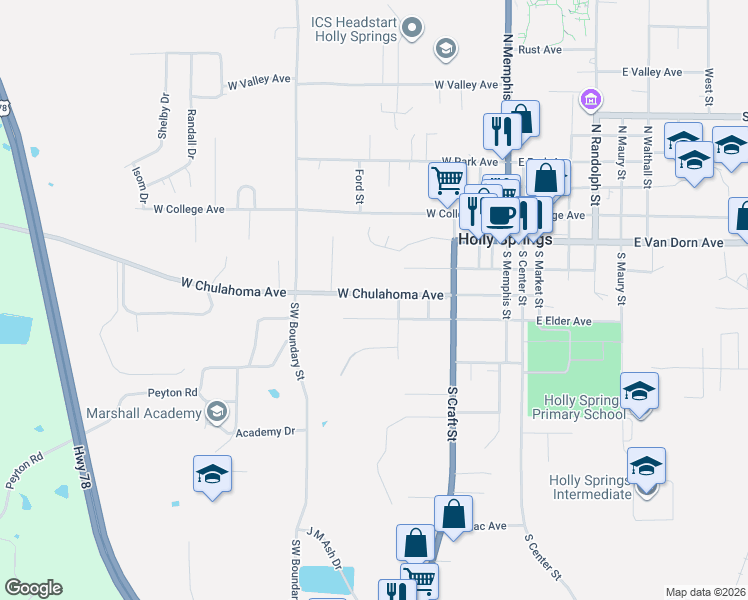 map of restaurants, bars, coffee shops, grocery stores, and more near 285 West Chulahoma Avenue in Holly Springs