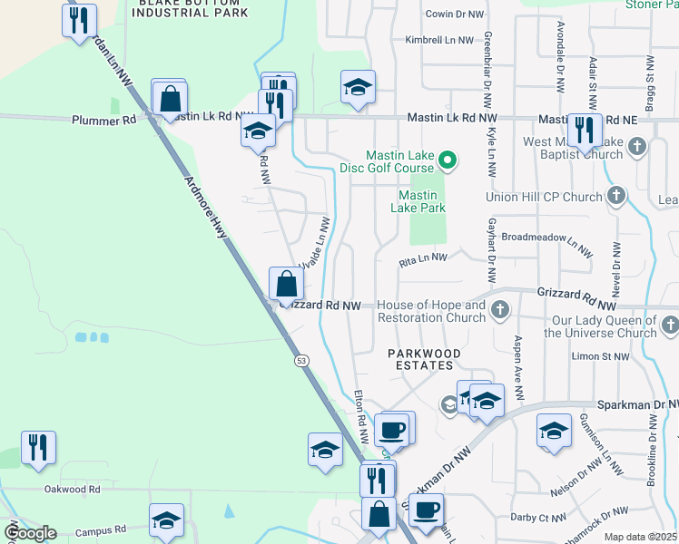 map of restaurants, bars, coffee shops, grocery stores, and more near 3110 Delia Lane Northwest in Huntsville