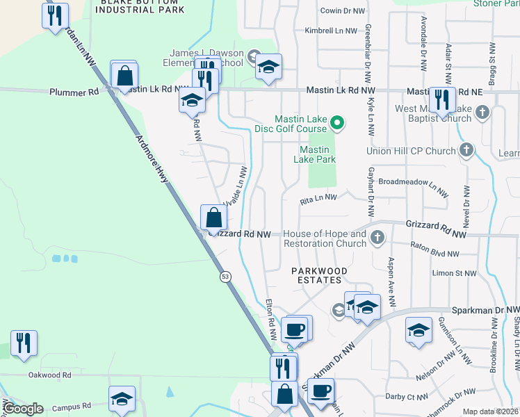 map of restaurants, bars, coffee shops, grocery stores, and more near 3111 Adonna Drive Northwest in Huntsville