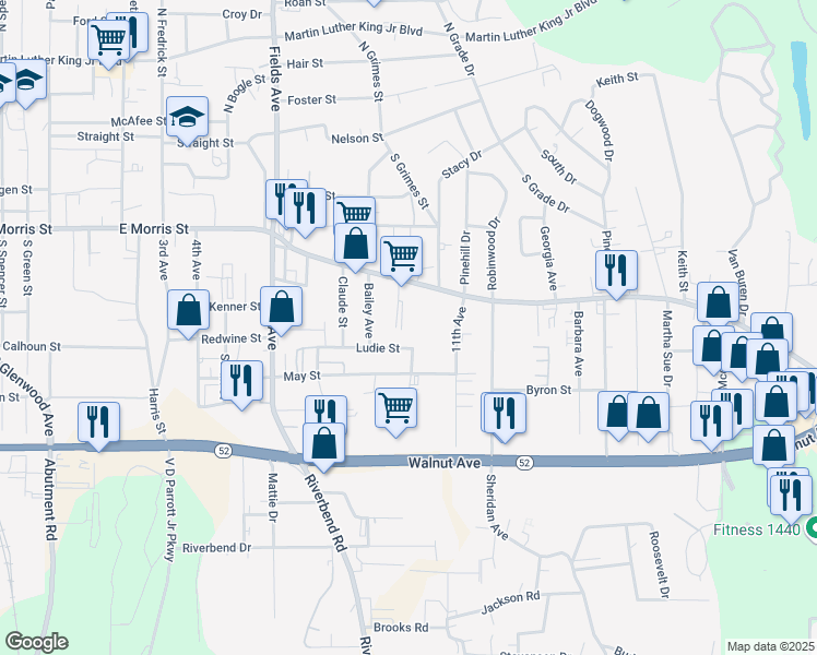 map of restaurants, bars, coffee shops, grocery stores, and more near 1311 Ludie Street in Dalton