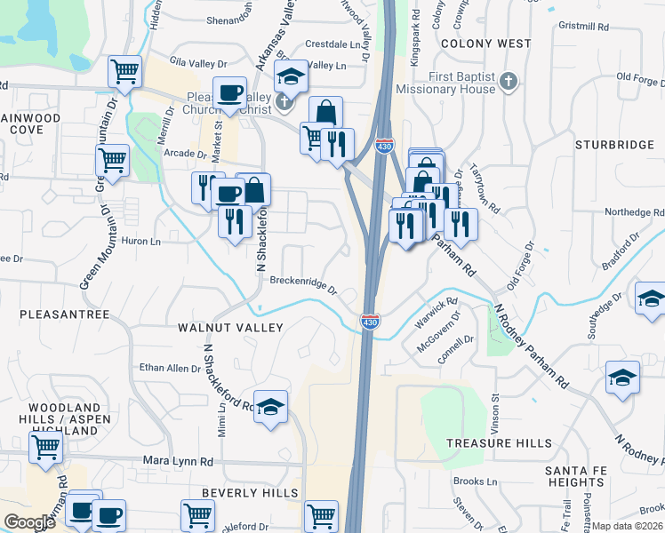map of restaurants, bars, coffee shops, grocery stores, and more near 7 Walnut Valley Drive in Little Rock