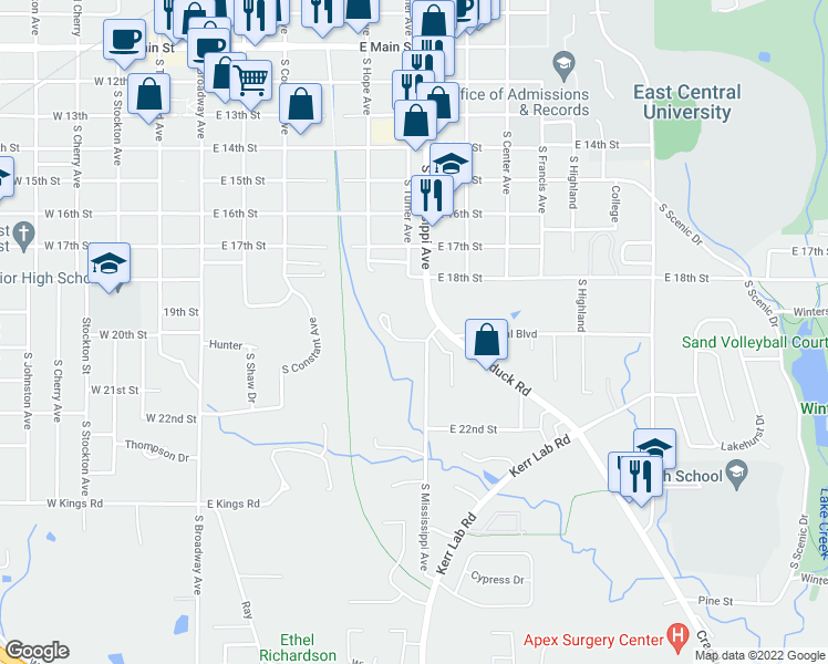 map of restaurants, bars, coffee shops, grocery stores, and more near 829 20th Street in Ada