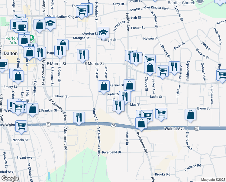 map of restaurants, bars, coffee shops, grocery stores, and more near 610 Strain Street in Dalton