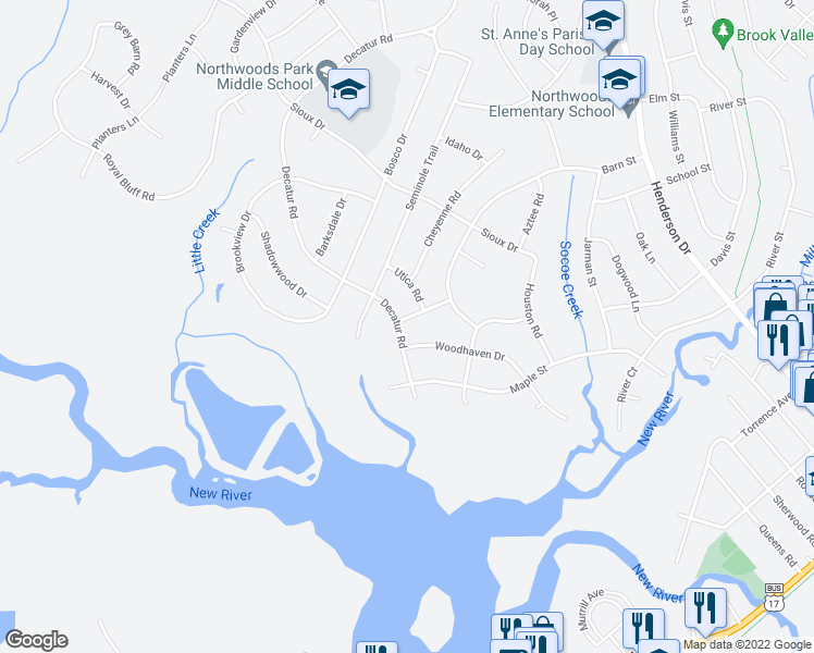 map of restaurants, bars, coffee shops, grocery stores, and more near 412 Decatur Road in Jacksonville
