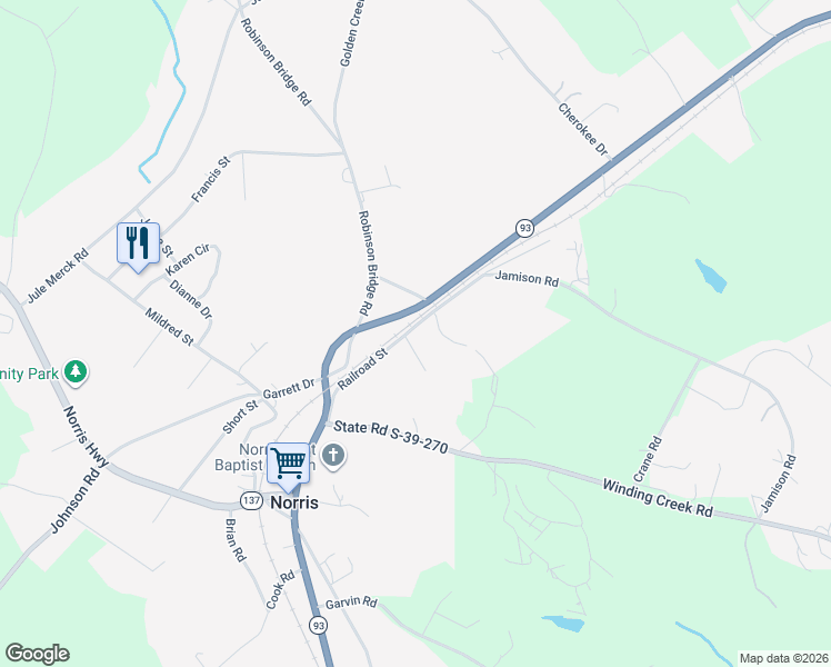 map of restaurants, bars, coffee shops, grocery stores, and more near 170 Railroad Street in Liberty