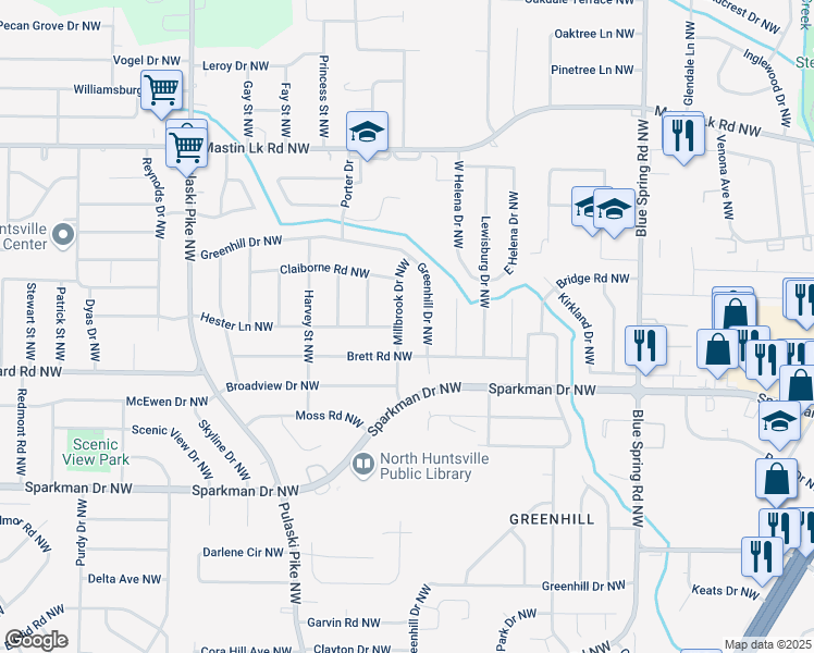 map of restaurants, bars, coffee shops, grocery stores, and more near 3130 Millbrook Drive Northwest in Huntsville