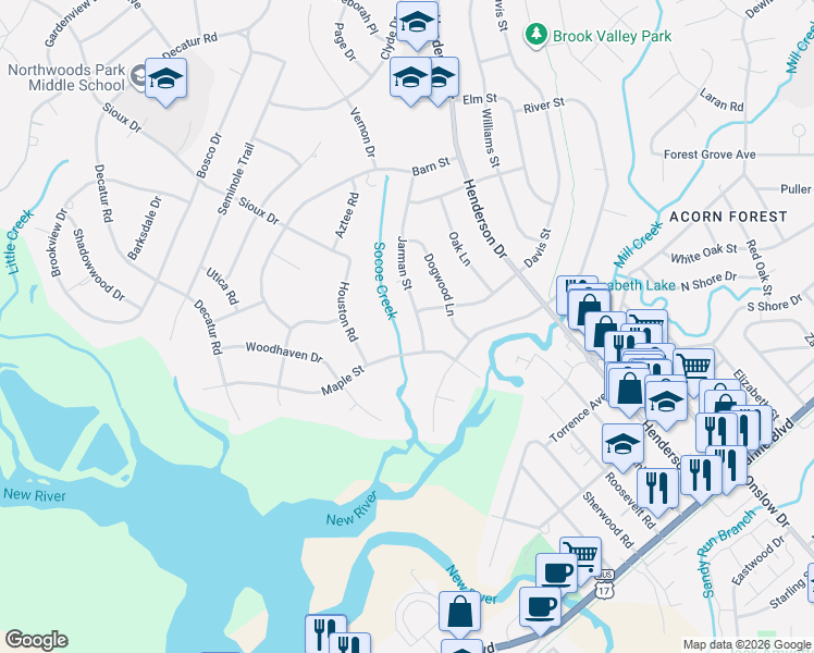 map of restaurants, bars, coffee shops, grocery stores, and more near 407 Jarman Street in Jacksonville