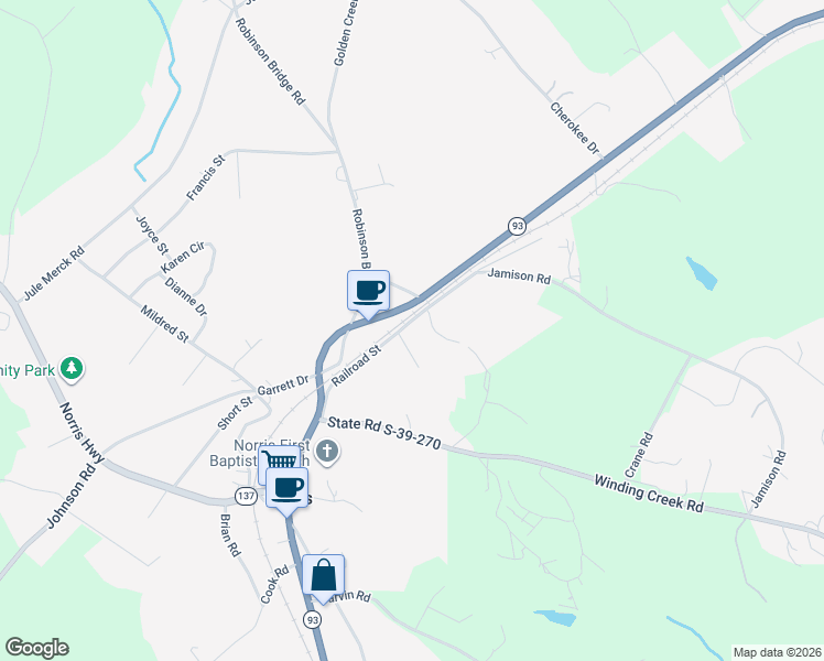 map of restaurants, bars, coffee shops, grocery stores, and more near 170 Railroad Street in Liberty