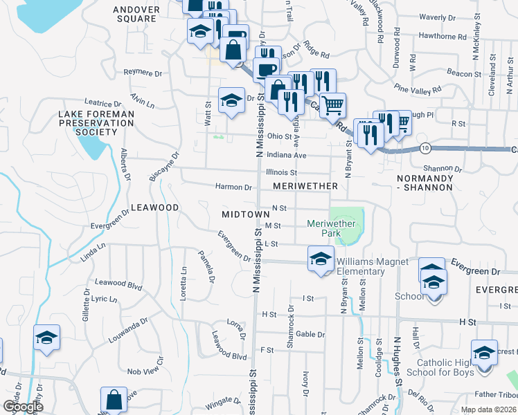 map of restaurants, bars, coffee shops, grocery stores, and more near 9215 N Street in Little Rock