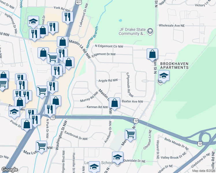 map of restaurants, bars, coffee shops, grocery stores, and more near 3107 Normandale Drive Northwest in Huntsville