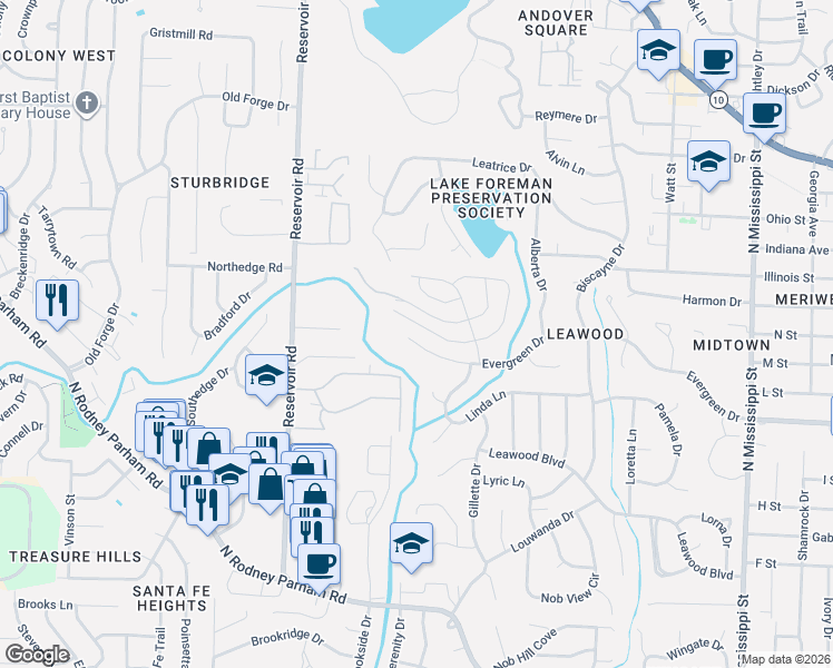 map of restaurants, bars, coffee shops, grocery stores, and more near 57 Flintwood Drive in Little Rock