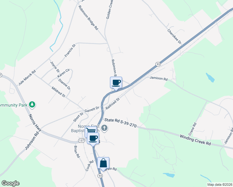 map of restaurants, bars, coffee shops, grocery stores, and more near 410 North Norris Drive in Liberty