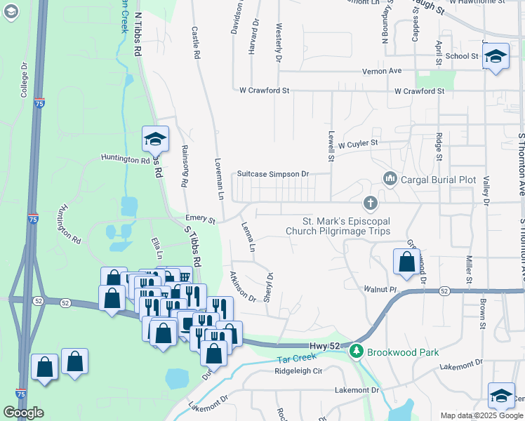 map of restaurants, bars, coffee shops, grocery stores, and more near 1306 Georgian Place in Dalton