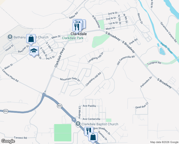 map of restaurants, bars, coffee shops, grocery stores, and more near 554 McKinnon Road in Clarkdale