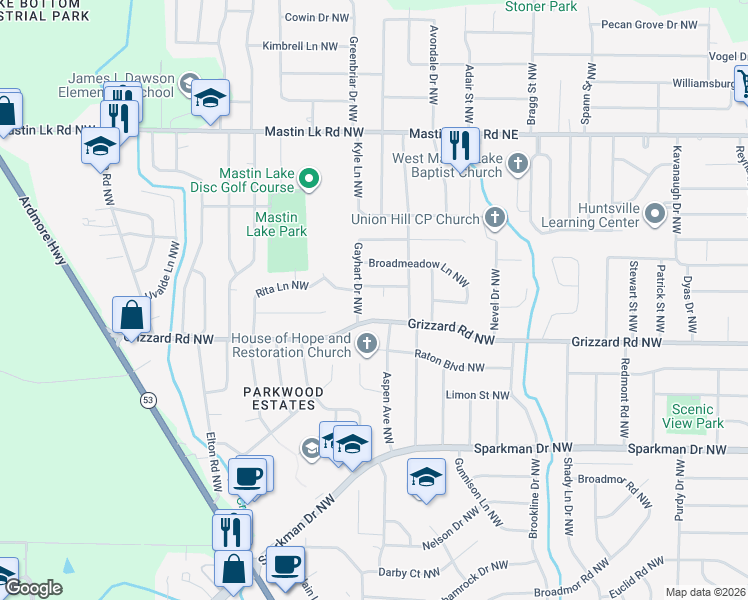 map of restaurants, bars, coffee shops, grocery stores, and more near 3102 Dahlia Court Northwest in Huntsville