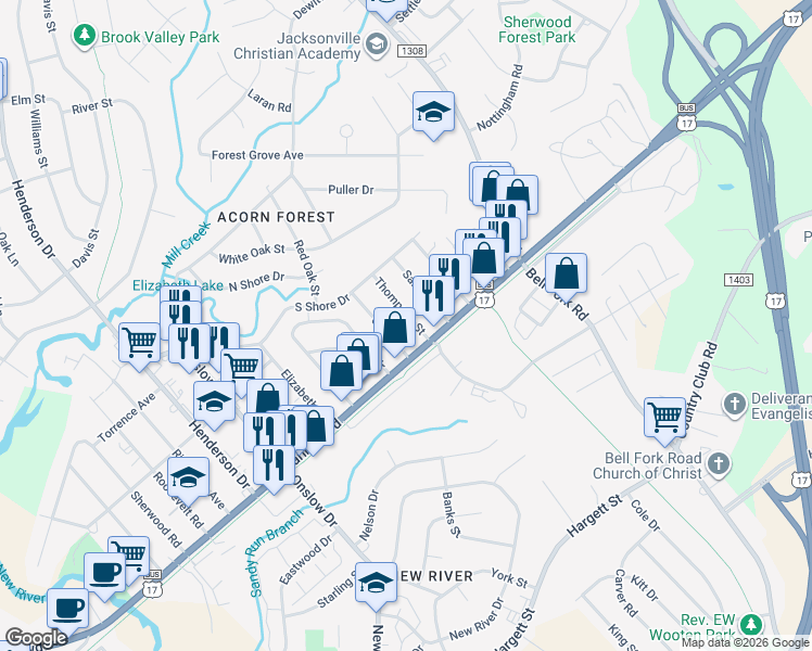 map of restaurants, bars, coffee shops, grocery stores, and more near 107 Thompson Street in Jacksonville
