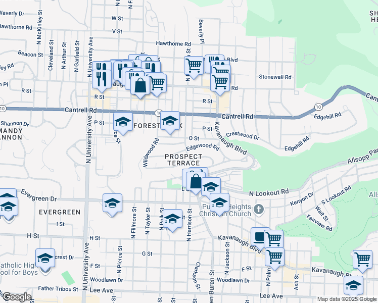 map of restaurants, bars, coffee shops, grocery stores, and more near 5241 Edgewood Road in Little Rock