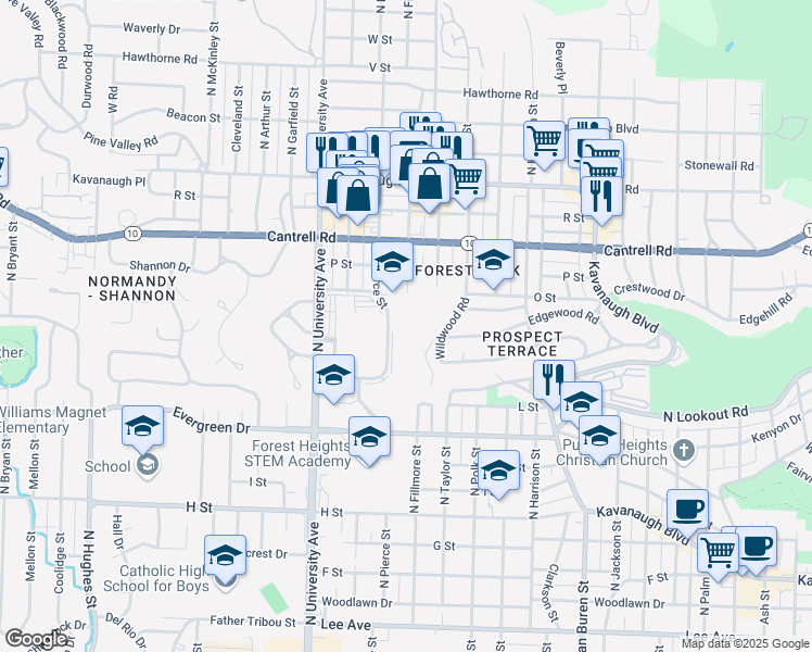 map of restaurants, bars, coffee shops, grocery stores, and more near 1405 North Pierce Street in Little Rock