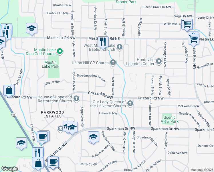 map of restaurants, bars, coffee shops, grocery stores, and more near 4616 Broadmeadow Lane Northwest in Huntsville
