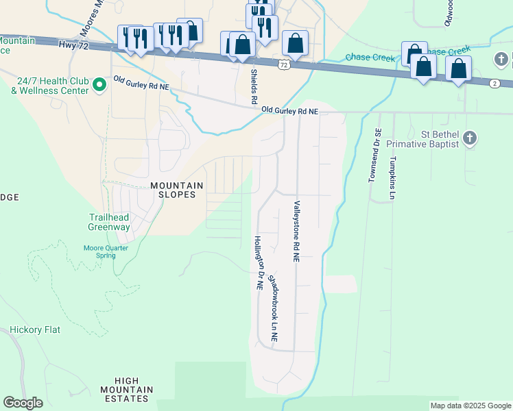 map of restaurants, bars, coffee shops, grocery stores, and more near 130 Hollington Drive Northeast in Huntsville