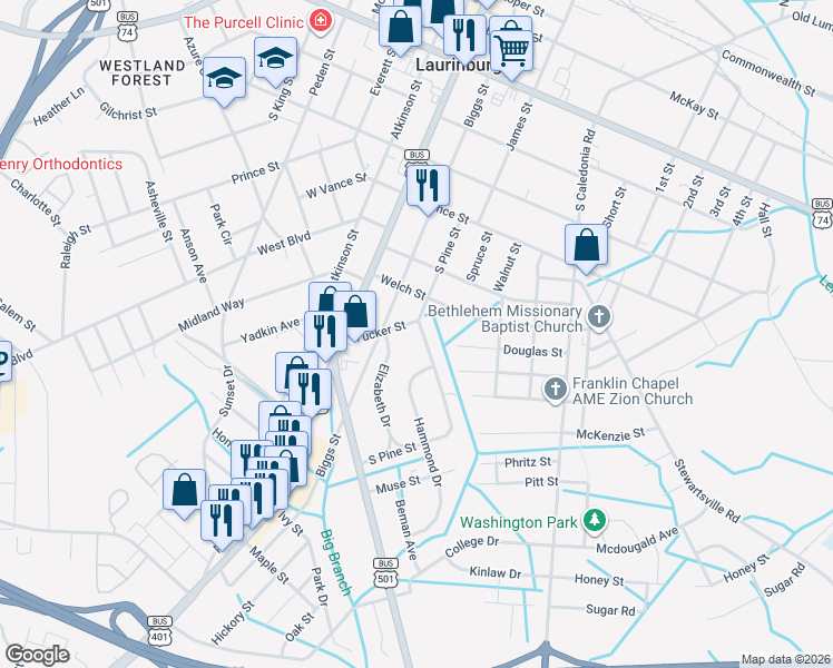 map of restaurants, bars, coffee shops, grocery stores, and more near 1008 South Pine Street in Laurinburg