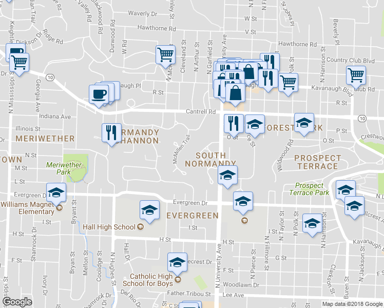 map of restaurants, bars, coffee shops, grocery stores, and more near 14 Lenon Drive in Little Rock