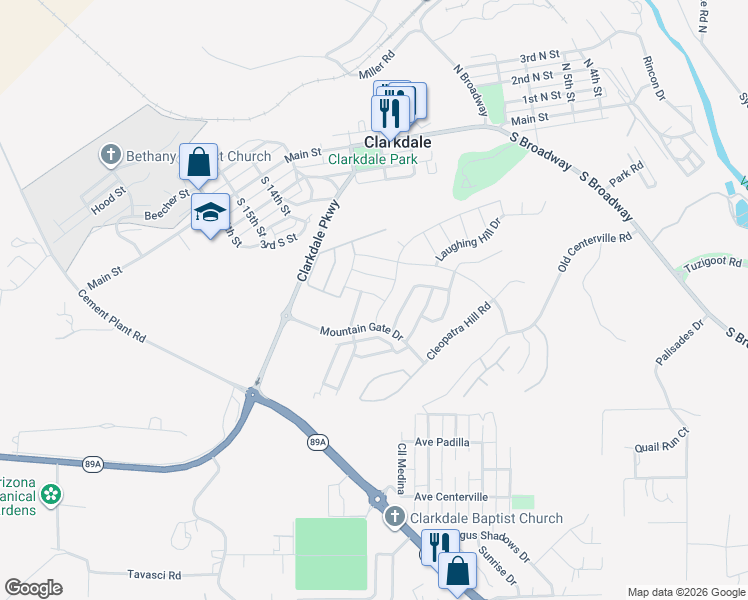 map of restaurants, bars, coffee shops, grocery stores, and more near 503 Kindrick Drive in Clarkdale