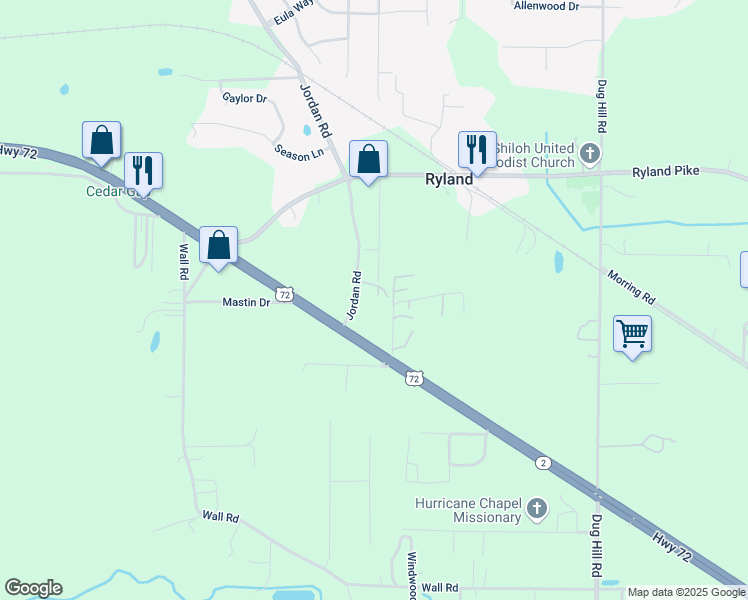 map of restaurants, bars, coffee shops, grocery stores, and more near 115 Ryland Ridge Circle in Huntsville