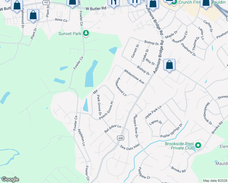 map of restaurants, bars, coffee shops, grocery stores, and more near 412 Peach Grove Place in Mauldin