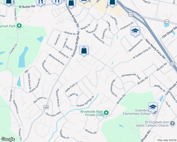 map of restaurants, bars, coffee shops, grocery stores, and more near 8 Hyde Park Lane in Mauldin