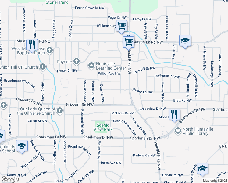 map of restaurants, bars, coffee shops, grocery stores, and more near 3611 Hester Lane Northwest in Huntsville