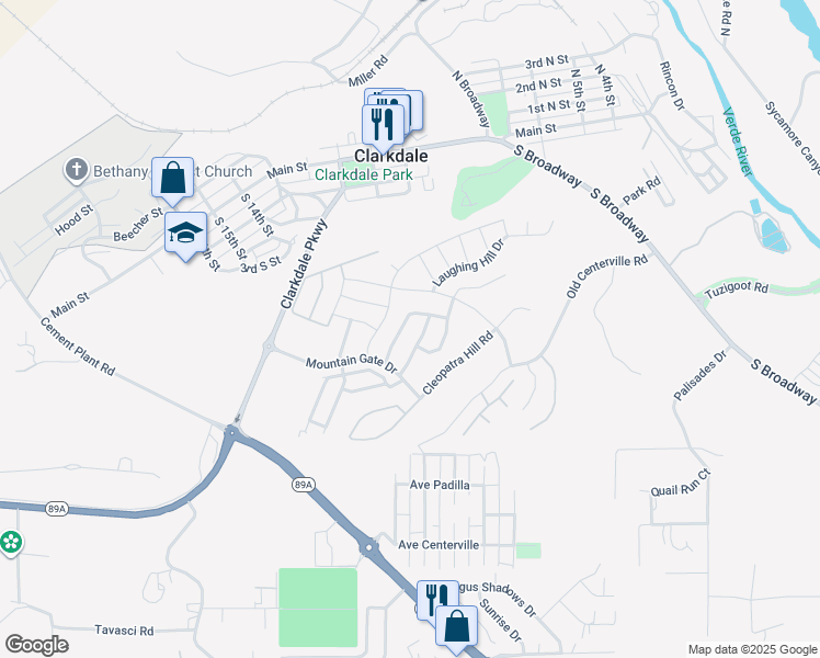 map of restaurants, bars, coffee shops, grocery stores, and more near 627 King Copper Road in Clarkdale