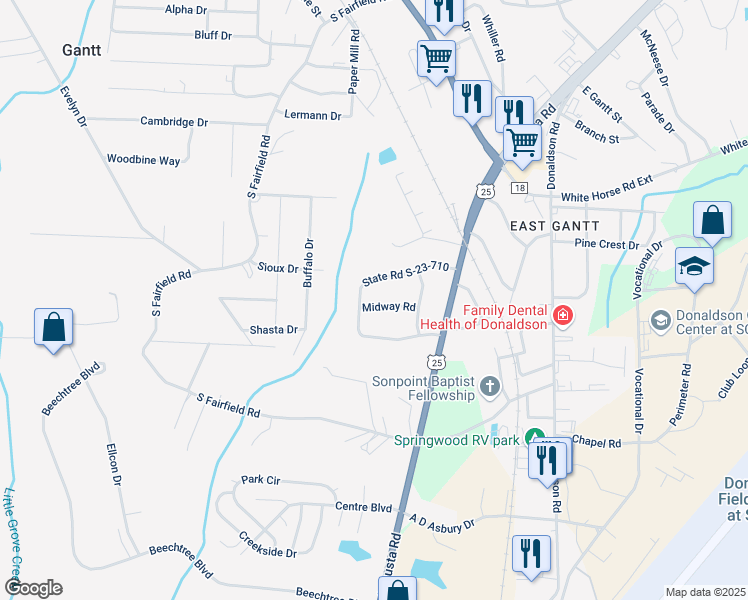 map of restaurants, bars, coffee shops, grocery stores, and more near 10 Midway Road in Greenville
