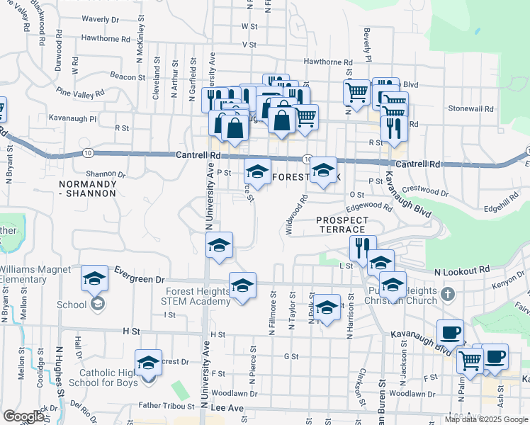 map of restaurants, bars, coffee shops, grocery stores, and more near 1405 North Pierce Street in Little Rock