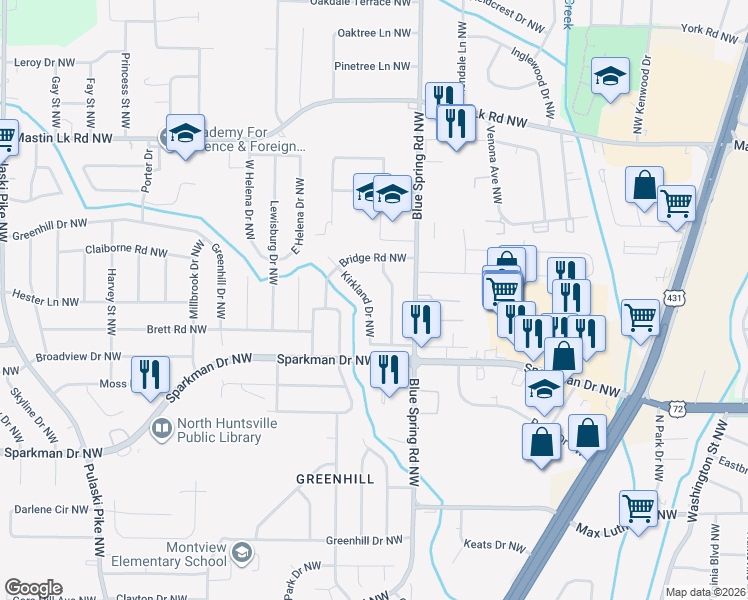 map of restaurants, bars, coffee shops, grocery stores, and more near 3010 Kirkland Drive Northwest in Huntsville