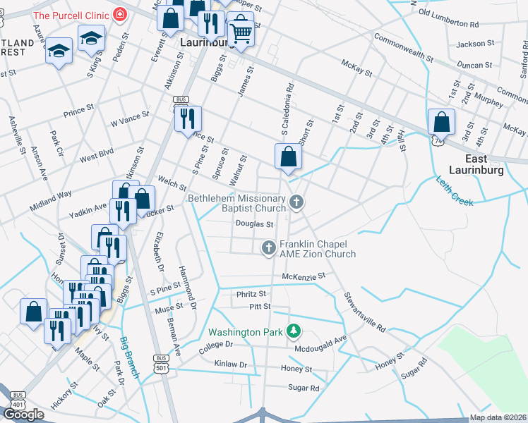 map of restaurants, bars, coffee shops, grocery stores, and more near 355 Roosevelt Street in Laurinburg