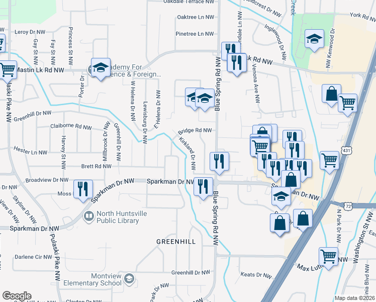 map of restaurants, bars, coffee shops, grocery stores, and more near 3010 Kirkland Drive Northwest in Huntsville