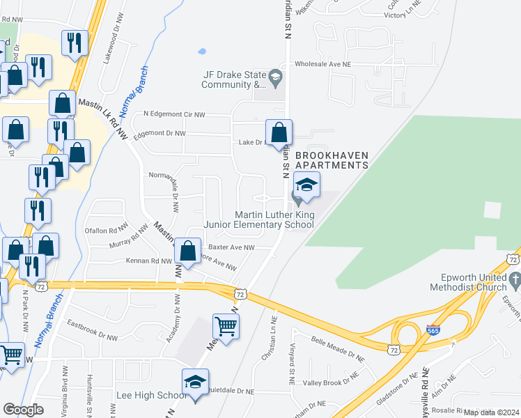 map of restaurants, bars, coffee shops, grocery stores, and more near 202 South Plymouth Road Northwest in Huntsville