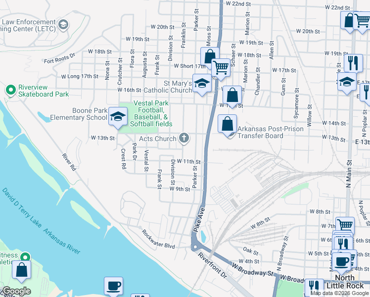 map of restaurants, bars, coffee shops, grocery stores, and more near 1120 Franklin Street in North Little Rock