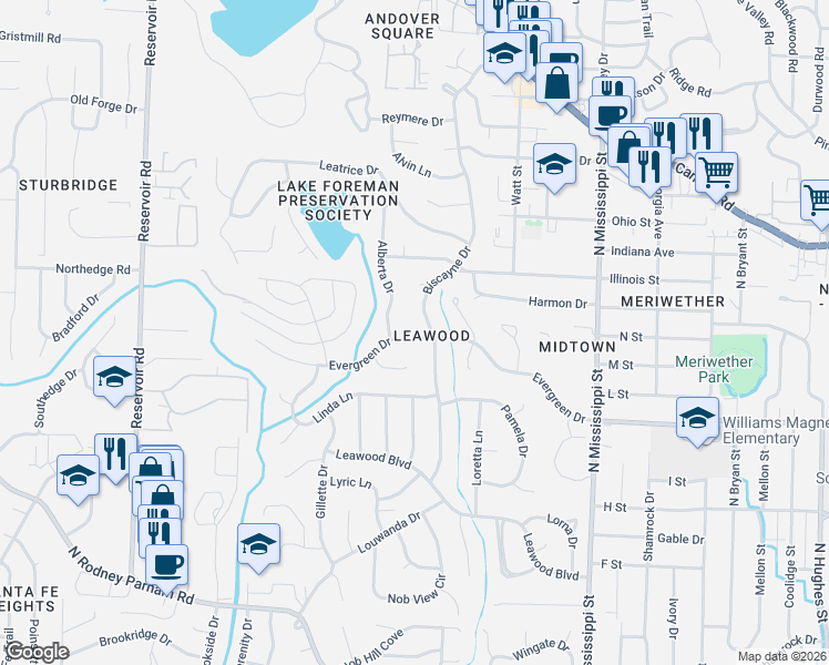 map of restaurants, bars, coffee shops, grocery stores, and more near 8204 Evergreen Drive in Little Rock