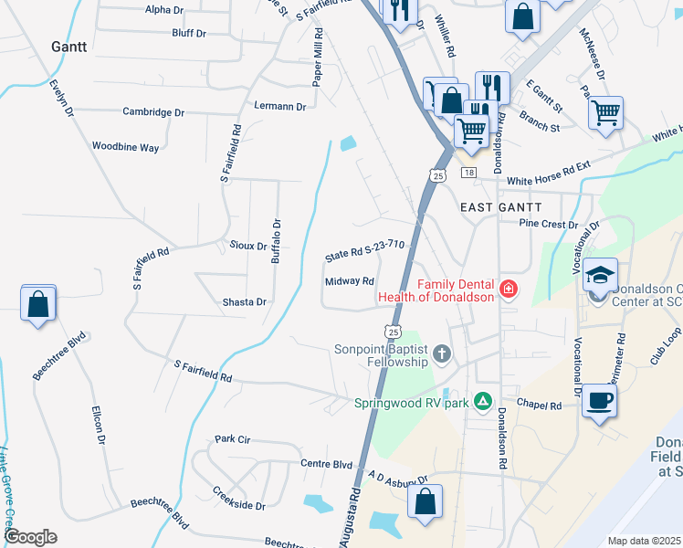 map of restaurants, bars, coffee shops, grocery stores, and more near 10 Midway Road in Greenville
