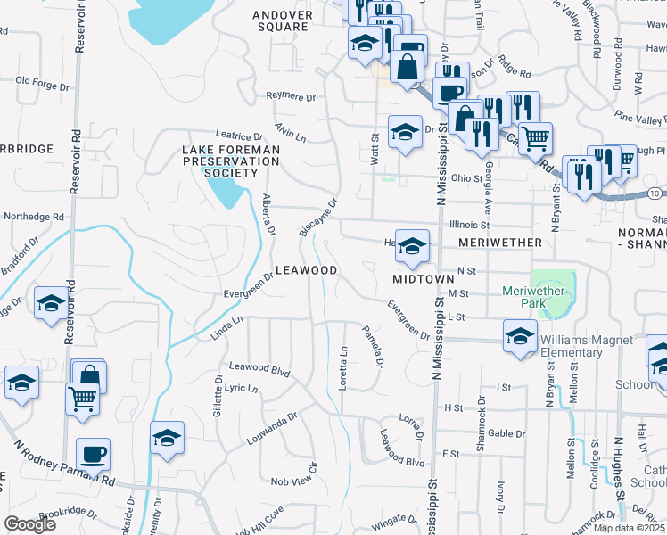 map of restaurants, bars, coffee shops, grocery stores, and more near 8114 Evergreen Drive in Little Rock